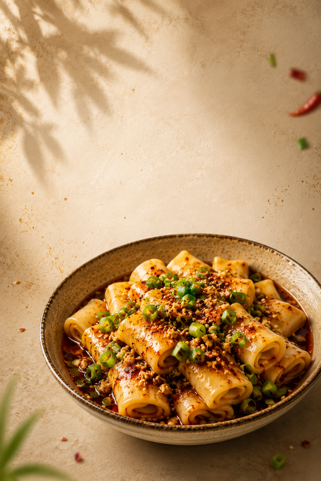 Close-up of fresh Tibetan Laphing with spicy chilli oil